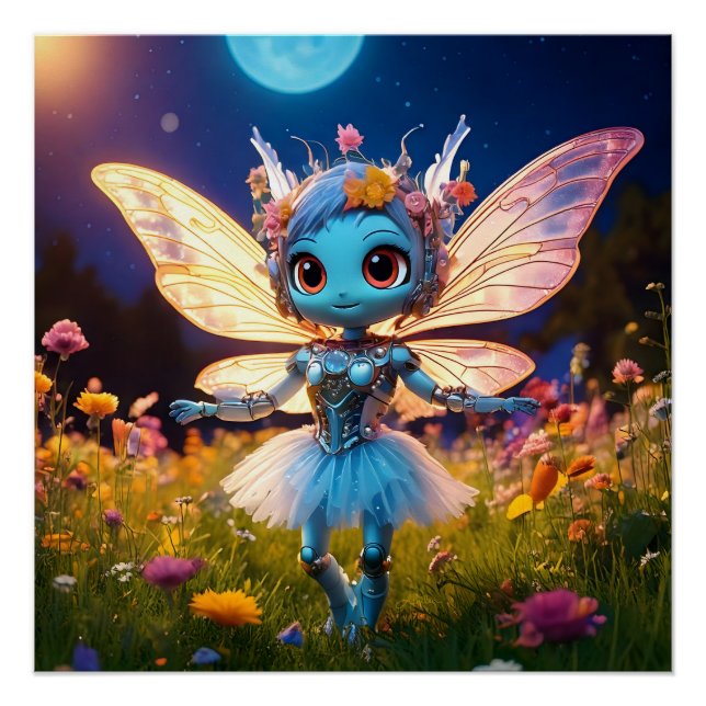 Póster Bailarina Robot Pixie Bailando en las Flores Silve (Anverso)