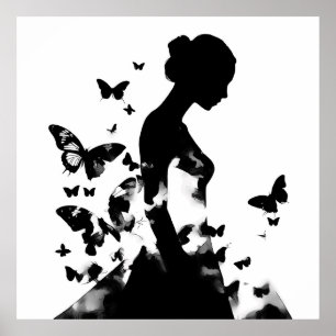 Póster Bailarina y mariposas Silueta Negro y Blanco