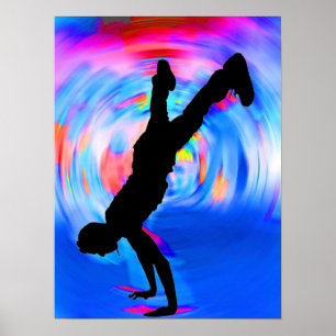 Póster Baile callejero, silueta, azul/rojo/rosa