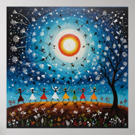 Póster Baile cósmico - Paisaje surrealista de Warli