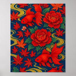 Póster Baile Crimson Koi en el florecimiento de otoño