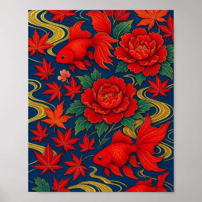 Póster Baile Crimson Koi en el florecimiento de otoño (Frente)