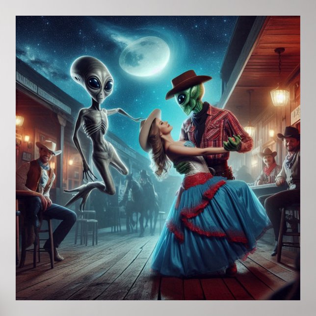 Póster "Baile espacial con alienígenas", "Old West Saloon (Frente)