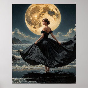 Póster Baile oceánico bajo la luna de una mujer vestida d