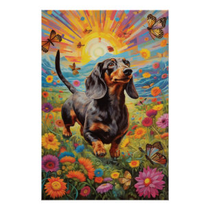 Póster Baile singulares de Dachshund y Mariposa