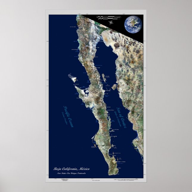 Póster Baja California, México: poster satelital (Frente)