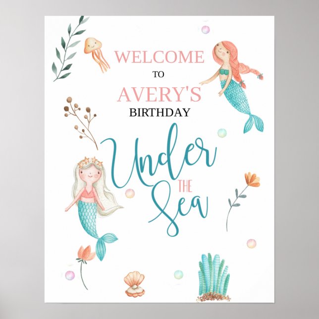 PÓSTER BAJO EL MAR, CUMPLEAÑOS DE MERMAID, MERMAID DE COL (Frente)