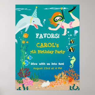 Póster Bajo el mar delfines y fiesta de cumpleaños chica
