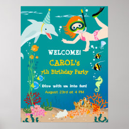 Póster Bajo el mar delfines y fiesta de cumpleaños chica