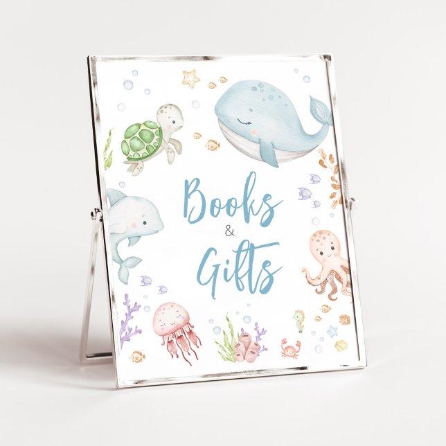 Póster Bajo el mar Libros y Regalos de Baby Shower (Sea Creatures Ocean Baby Shower Books and Gifts Sign)