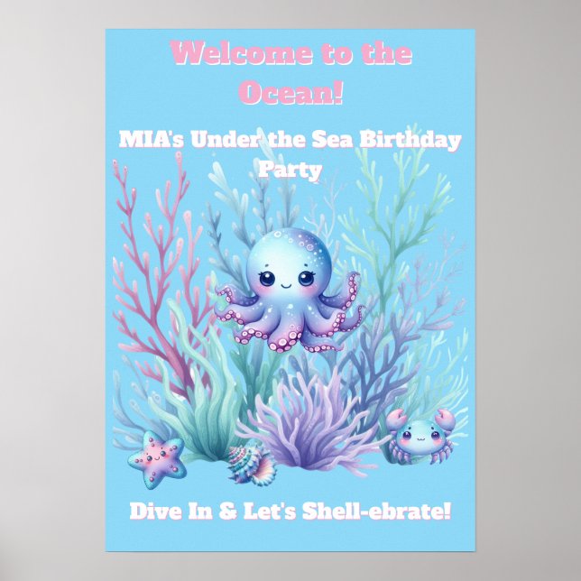 Póster Bajo el Mar -Póster de cumpleaños de niñas Editabl (Frente)