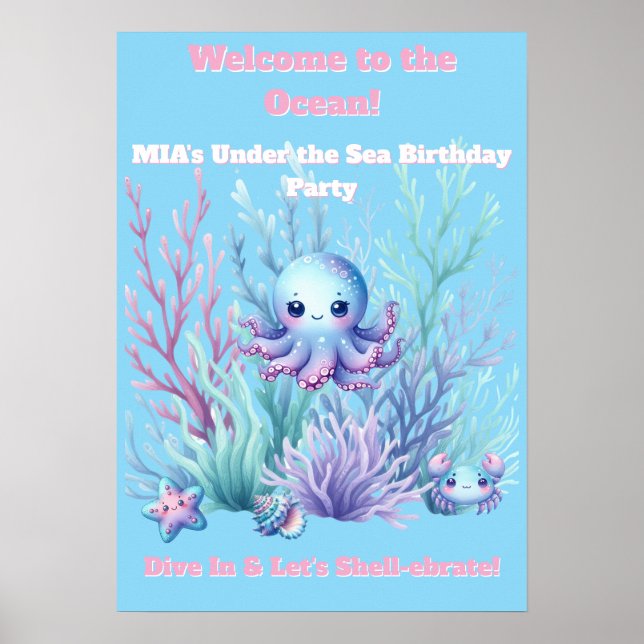 Póster Bajo el Mar -Póster de cumpleaños de niñas Editabl (Frente)