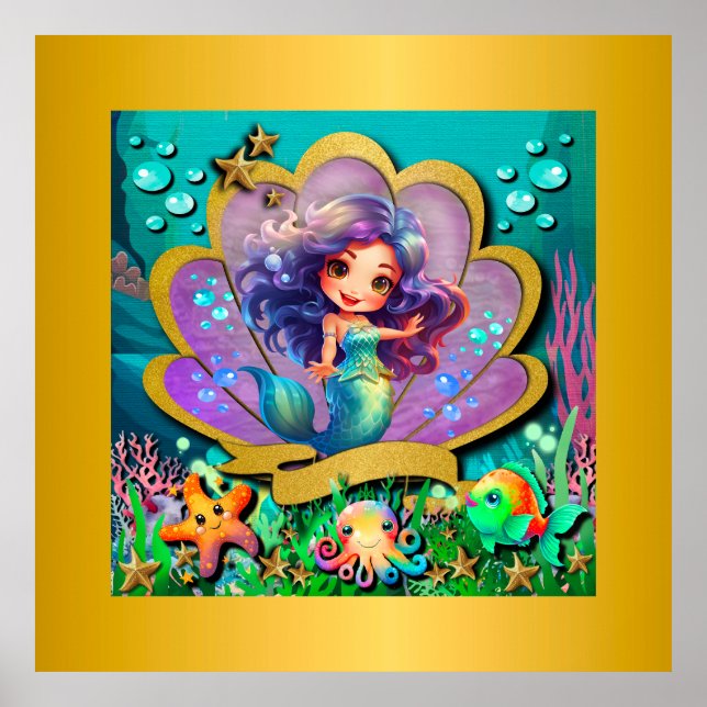 Póster Bajo el Mar y Cumpleaños de Sirena Fiesta (Frente)
