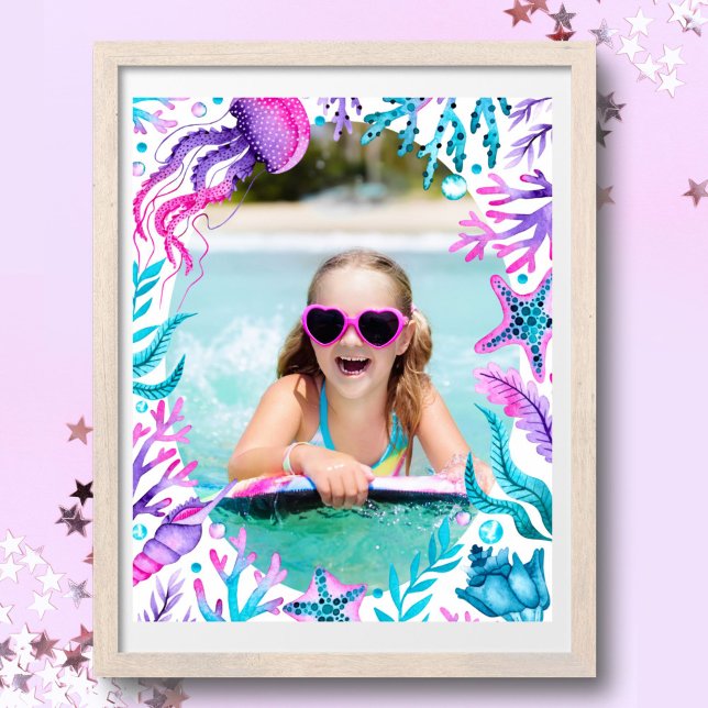 Póster Bajo la sirena marina, foto de marco acuático (Under the Sea Mermaid Watercolor Frame Photo Poster)