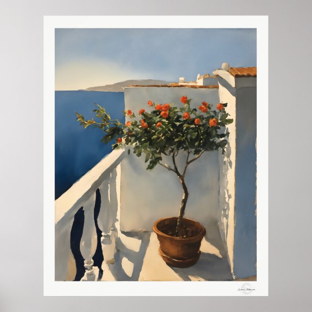Póster Balcón Mediterráneo Soleado con Flores Pintura al  (Frente)