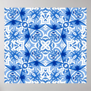 Póster Baldosa azul blanca, acuarela sin costura.