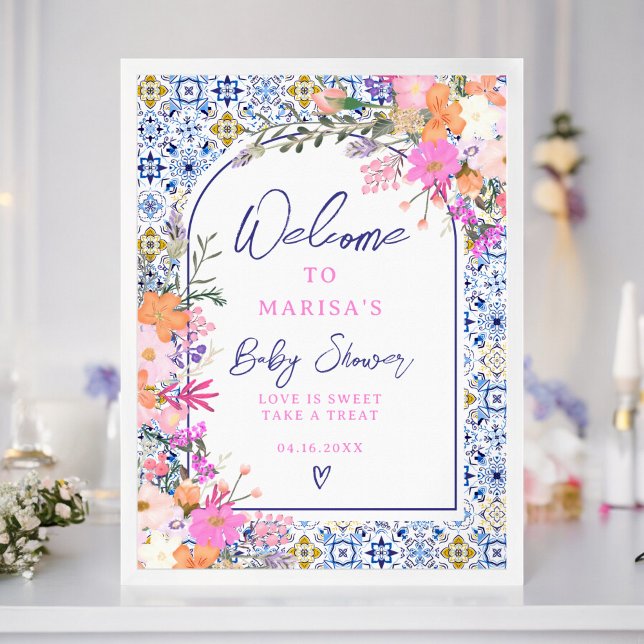 Póster Baldosas azules acuarela flores silvestres bebé bi (Blue tiles watercolor wildflowers baby welcome poster)