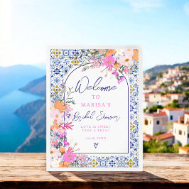 Póster Baldosas azules italianas acuarela floral bienveni