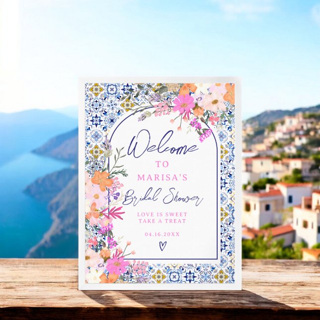 Póster Baldosas azules italianas acuarela floral bienveni (Italian blue tile watercolor floral bridal welcome poster)
