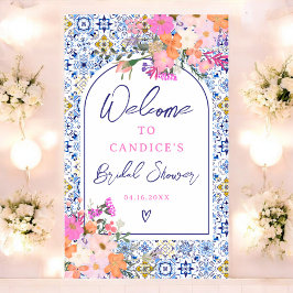 Póster Baldosas azules italianas acuarela floral bienveni