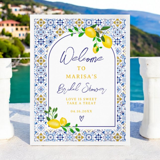 Póster Baldosas azules italianas acuarela limón bienvenid (Italian blue tiles watercolor lemon bridal welcome poster)