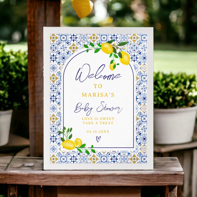 Póster Baldosas azules italianas agua limón bebé (Italian blue tiles watercolor lemon baby welcome poster)