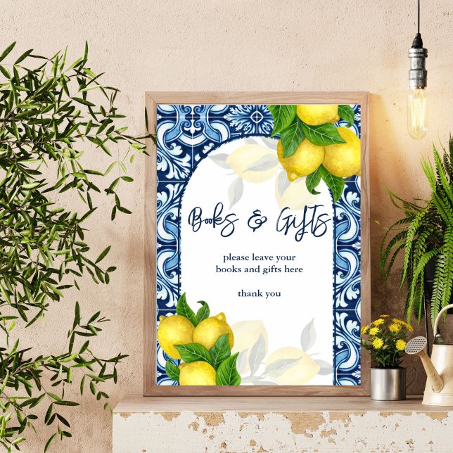 Póster Baldosas azules limón Amalfi bebé señalización de  (Blue tiles lemon Amalfi Mediterranean baby shower books and gifts table sign personalized decor)