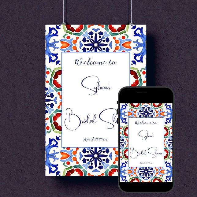 Póster Baldosas azules mexicanas coloridas bienvenida a l (Blue Mexican colorful azulejo talavera tiles bridal shower welcome sign Poster template download)