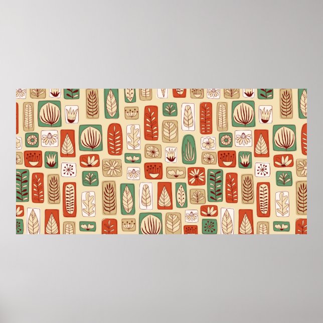 Póster Baldosas de diseño escandinavo con hojas abstracta (Frente)