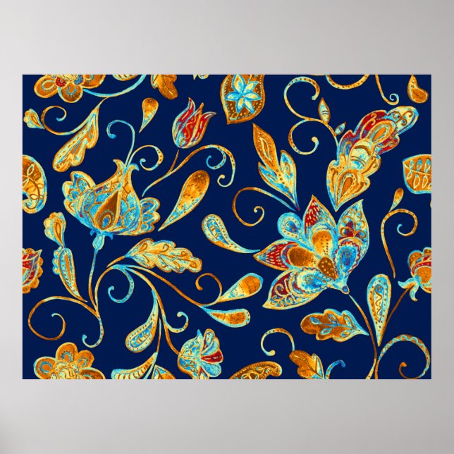 Póster Baldosas de patrón floral de la acuarela de Paisle (Frente)