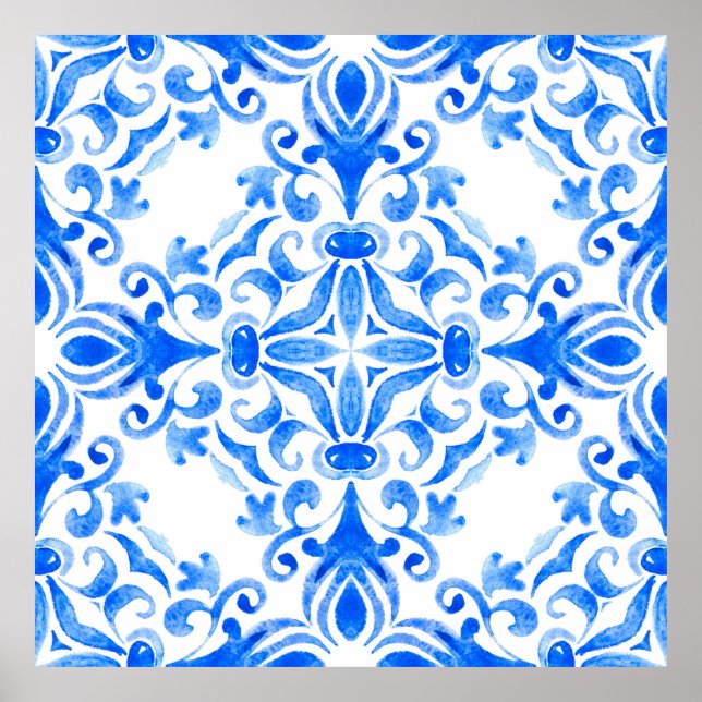 Póster Baldosas dibujadas a mano en azul y blanco sin sol (Frente)