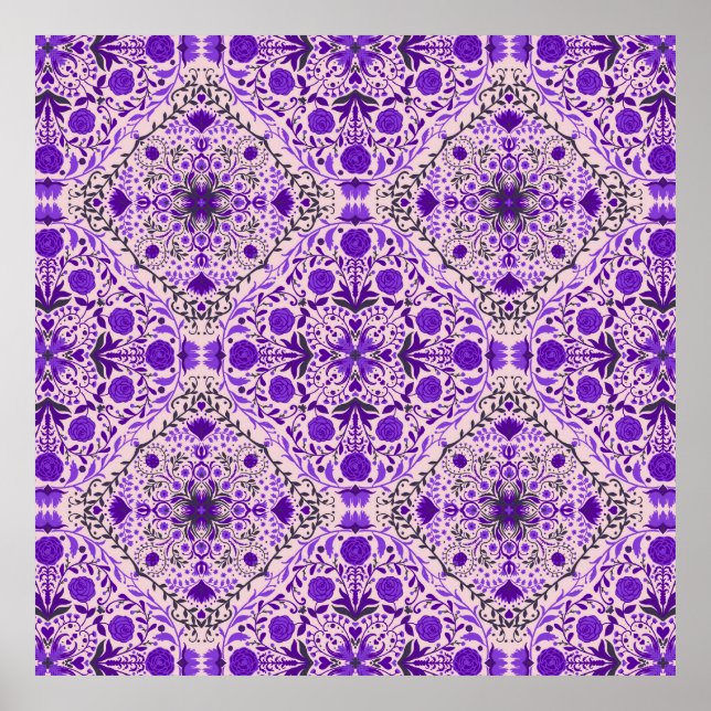 Póster Baldosas florales en rosa violeta y algodón (Frente)