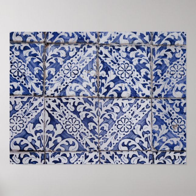 Póster Baldosas portuguesas - Azulejo Floral azul y blanc (Frente)