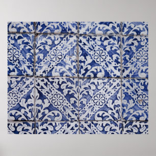 Póster Baldosas portuguesas - Azulejo Floral azul y blanc