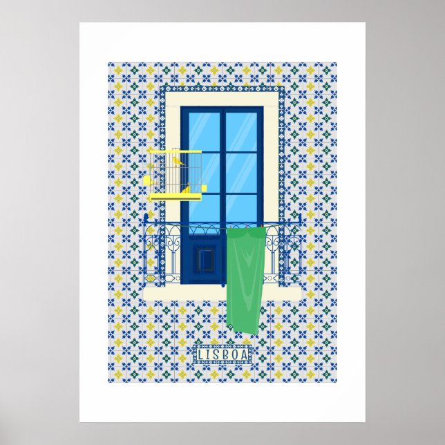 Póster Baldosas portuguesas y balcón con ventana (Frente)