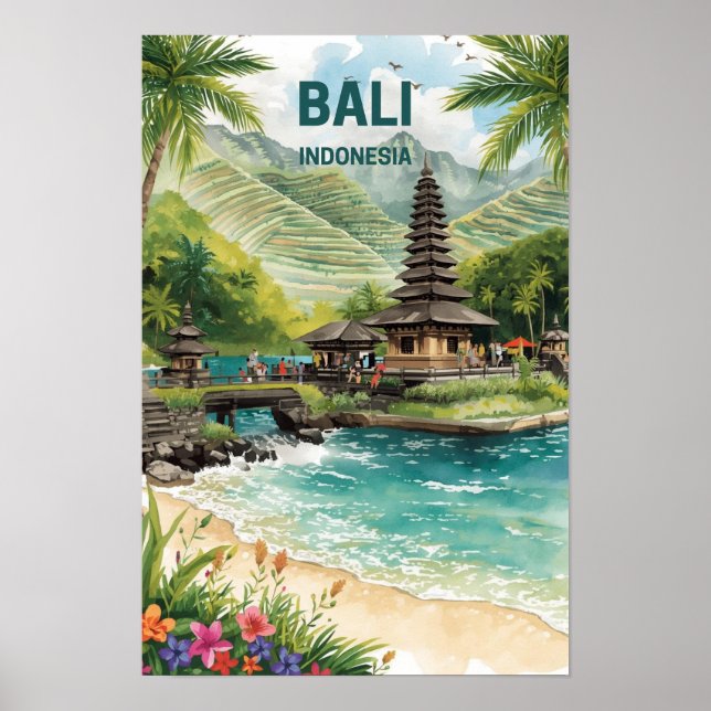 Póster Bali Indonesia Acuarela Viaje Tropical (Frente)
