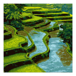 Póster Bali Indonesia Terrazas de Arroz Verdes Viaje Vint
