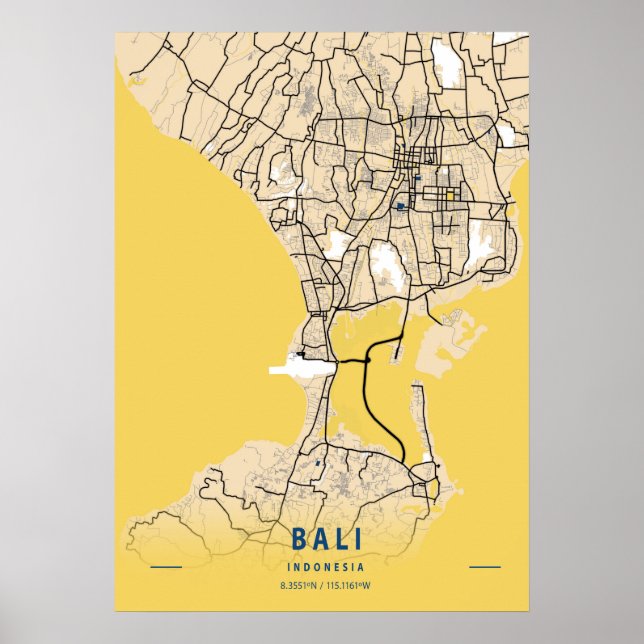 Póster Bali - Mapa de la ciudad amarilla de Indonesia (Frente)