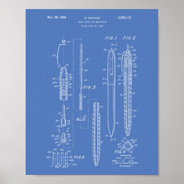 Póster Ball Point Pen 1966 Patent Art Blueprint (Frente)