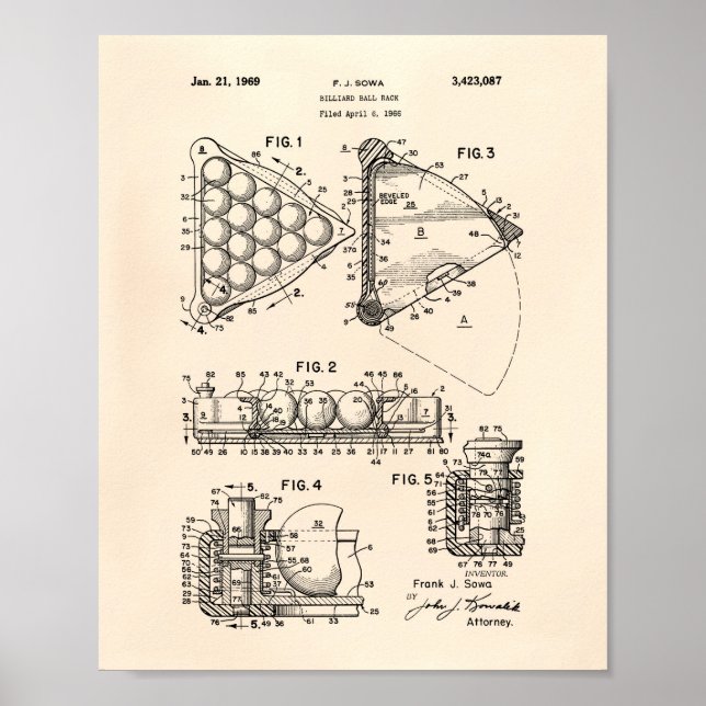 Póster Ball Rack Billiard 1969 Patent Art - Peper antiguo (Frente)