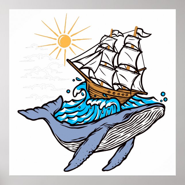 Póster Ballena Azul Barco de Vela Ola Sol (Frente)