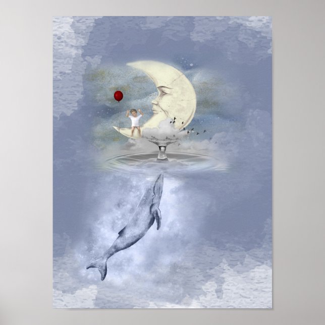 Póster Ballena azul dulce y niño feliz con fantasía lunar (Frente)