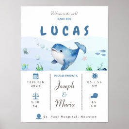 Póster Ballena azul Nacimiento Estadísticas Keepsake Nurs