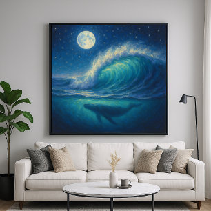 Póster Ballena bajo ola a la luz de la luna - Estilo de p