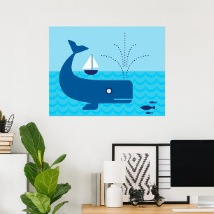 Póster Ballena Náutica y Velero Océano Mar Azul