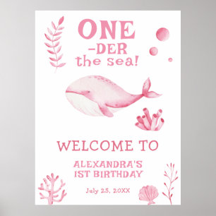 Póster Ballena rosa cumpleaños número 1 bajo el mar