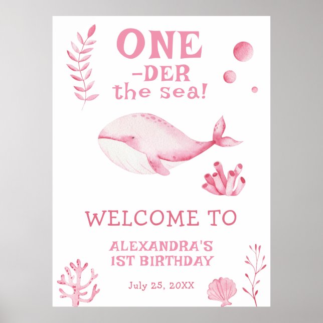 Póster Ballena rosa cumpleaños número 1 bajo el mar (Frente)