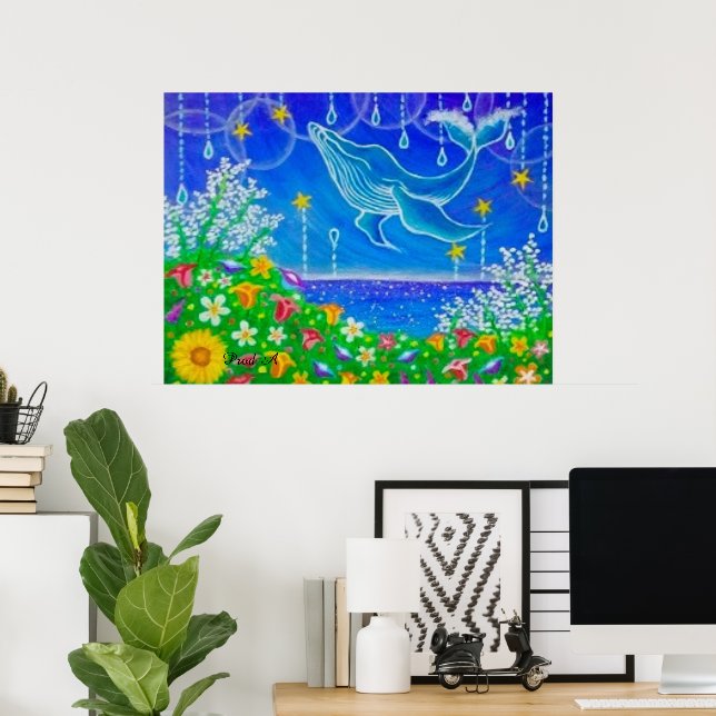 Póster Ballena y flores (Oficina en casa)
