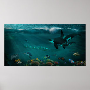 Póster Ballenas asesinas tortugas marinas peces submarino