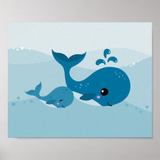Póster Ballenas kawaii cubanas nadando en suaves olas azu